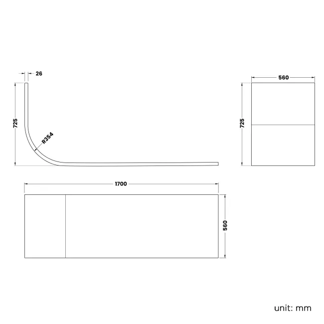 Oakham 1700 Space Saving Shower Bath & 6mm Easy Clean Matt Black Framed Bath Screen - Left Handed