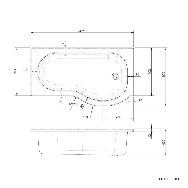 P Shaped 1500 Bath with Front Panel - Right Handed