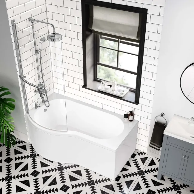 P Shaped 1500 Shower Bath with Front Panel & 6mm Easy Clean Screen with Rail - Left Handed