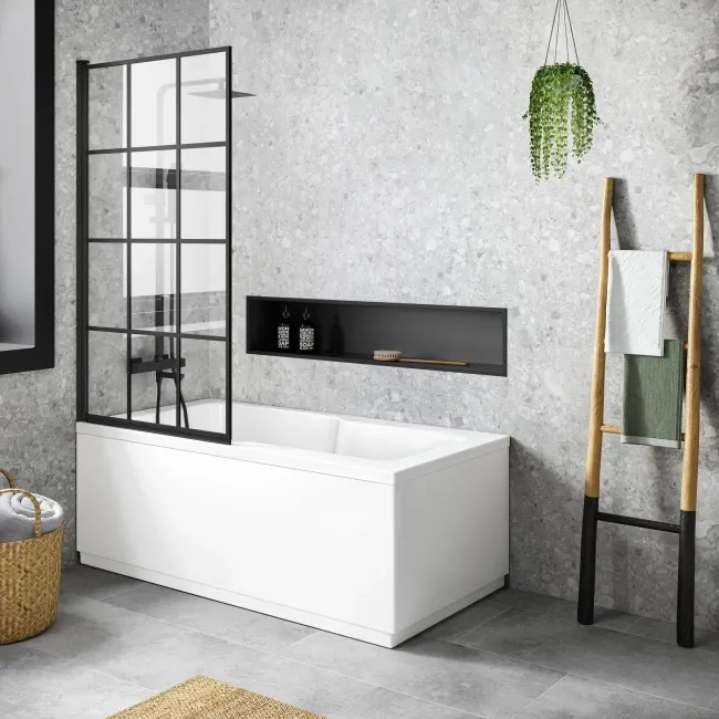 Dover 1500x750 Keyhole Shower Bath & 6mm Easy Clean Matt Black Grid Bath Screen