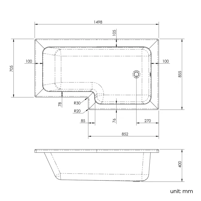 L Shaped 1500 Shower Bath with Front Panel & 6mm Easy Clean Brushed Brass Bath Screen - Right Handed