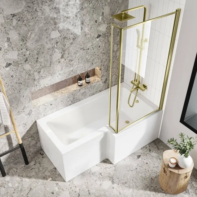L Shaped 1600 Shower Bath with Front Panel & 6mm Easy Clean Brushed Brass Bath Screen - Right Handed