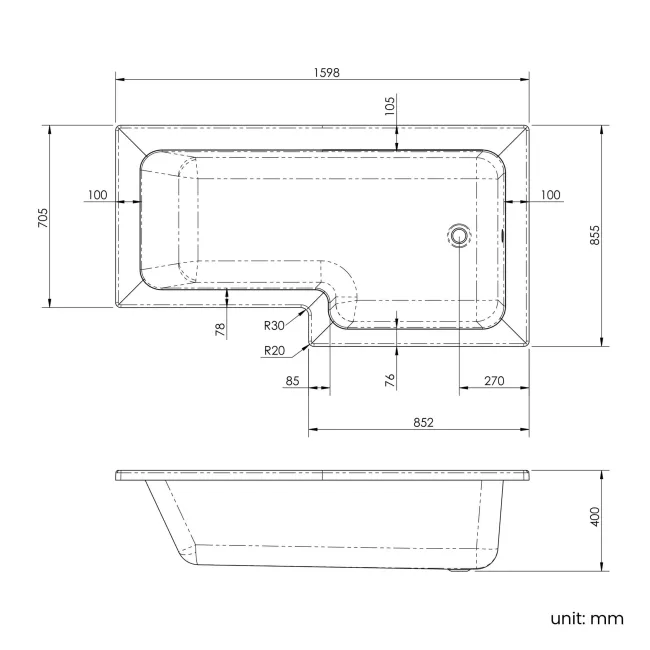 L Shaped 1600 Shower Bath with Front Panel & 6mm Easy Clean Brushed Brass Bath Screen - Right Handed