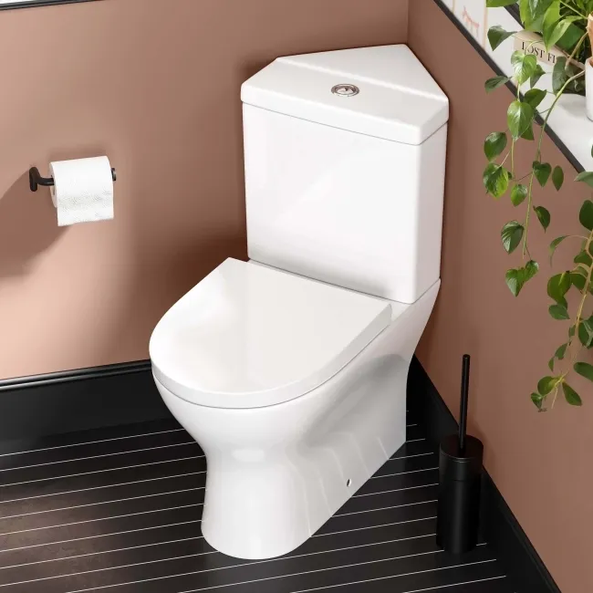 Orlando Rimless Fully Back to Wall Close Coupled Corner Toilet With Soft Close Seat