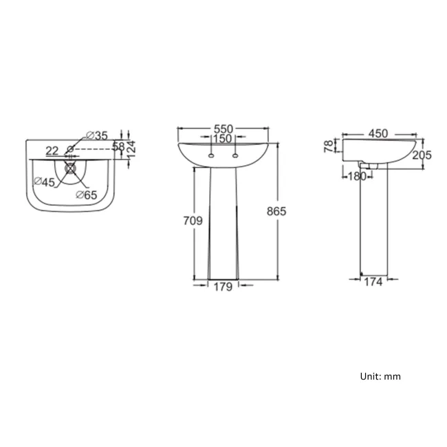 Atlanta Square Pedestal Basin 550mm