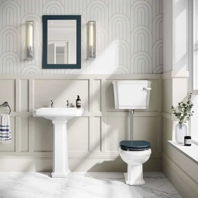 Hudson Traditional Low-Level Toilet With Inky Blue Seat & Pedestal Basin - Double Tap Hole