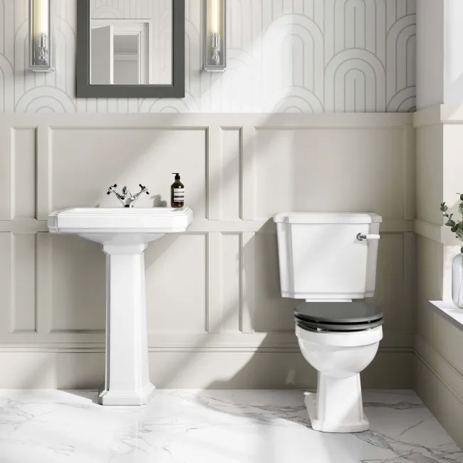 Hudson Traditional Close Coupled Toilet With Graphite Grey Seat & Pedestal Basin - Single Tap Hole