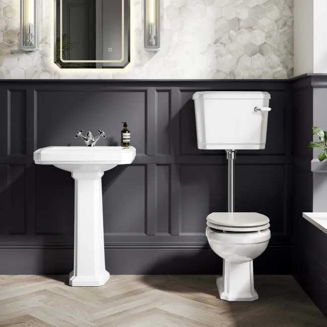 Hudson Traditional Low-Level Toilet With Cotton White Seat & Pedestal Basin - Single Tap Hole