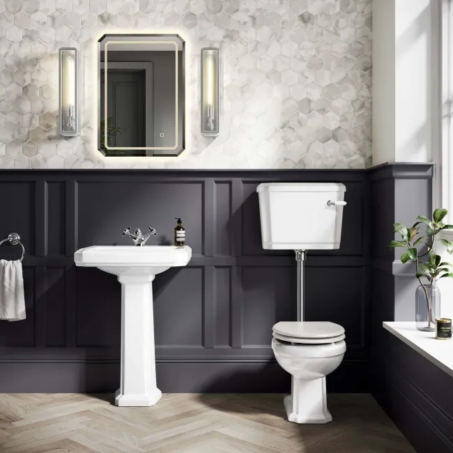 Hudson Traditional Low-Level Toilet With Cotton White Seat & Pedestal Basin - Single Tap Hole