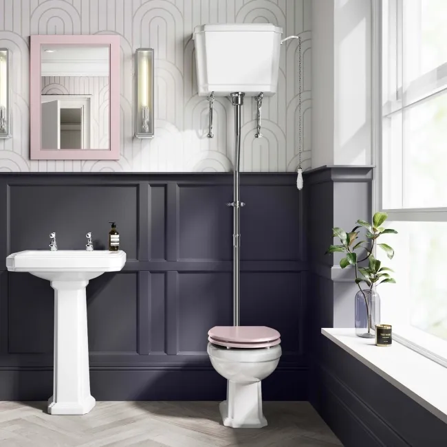 Hudson Traditional High-Level Toilet With Cashmere Pink Seat & Pedestal Basin - Double Tap Hole