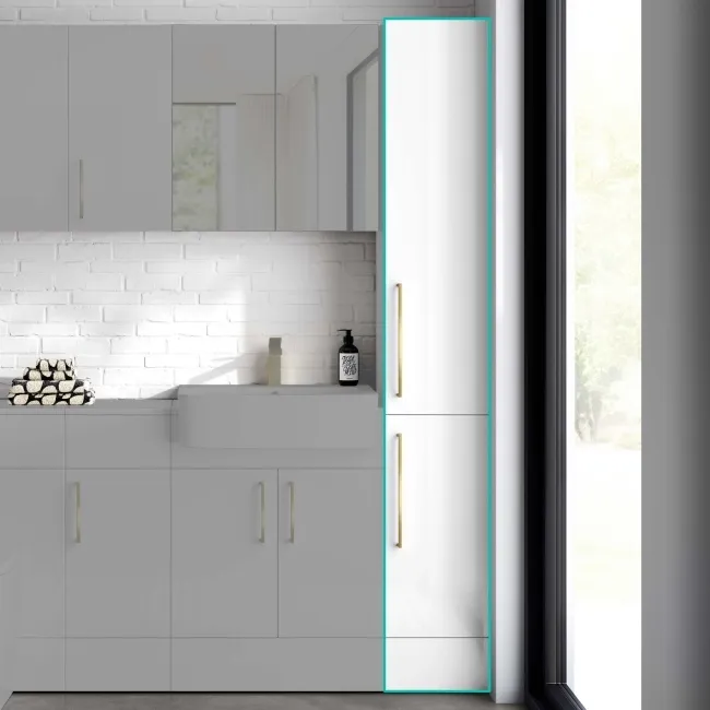 Harper Gloss White Floor Standing Tall Cabinet 1900x300mm - Brushed Brass Accents