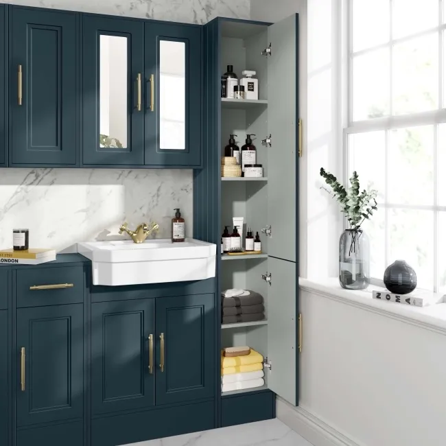 Monaco Inky Blue Floor Standing Tall Cabinet Unit 1900x300mm - Brass Knurled Handles