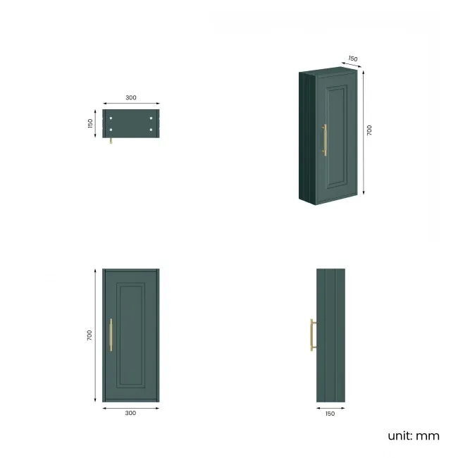 Midnight Green Wall Hung Cabinet 700x300mm - Brass Knurled Handles