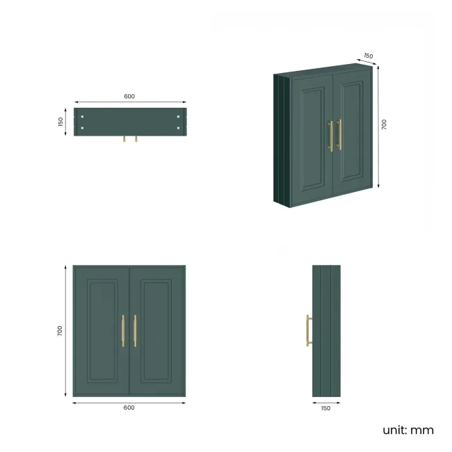Midnight Green Wall Hung Cabinet 700x600mm - Brass Knurled Handles