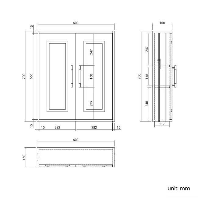 Midnight Green Wall Hung Cabinet 700x600mm - Brass Knurled Handles
