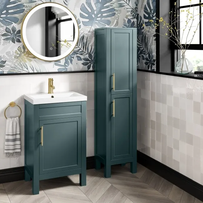 Bermuda Midnight Green Floor Standing Tall Cabinet 1500x350mm - Brass Knurled Handles