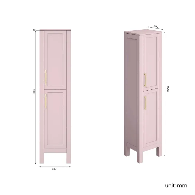 Bermuda Cashmere Pink Floor Standing Tall Cabinet 1500x350mm - Brass Knurled Handles