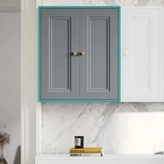 Dove Grey Wall Hung Cabinet 700x600mm - Brushed Brass Accents
