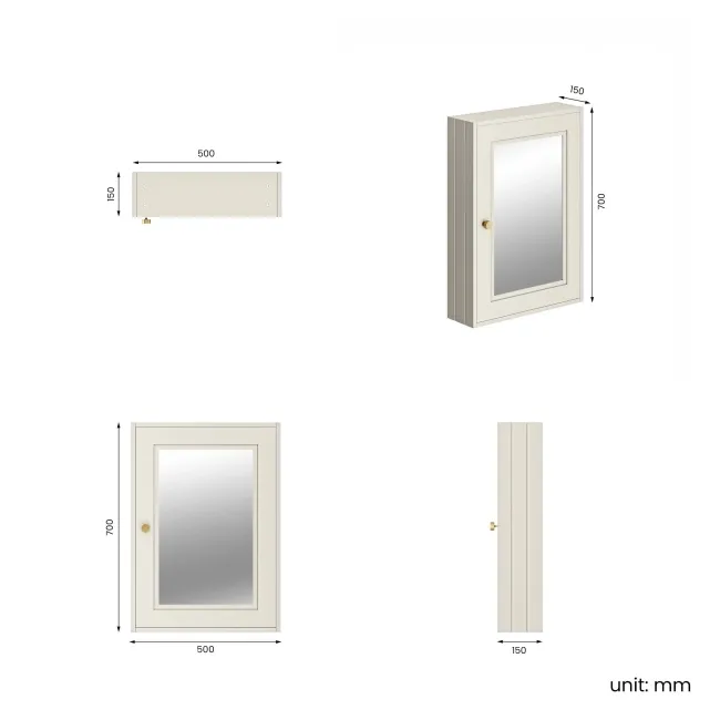 Chalk White Mirror Cabinet 700x500mm - Brushed Brass Accents