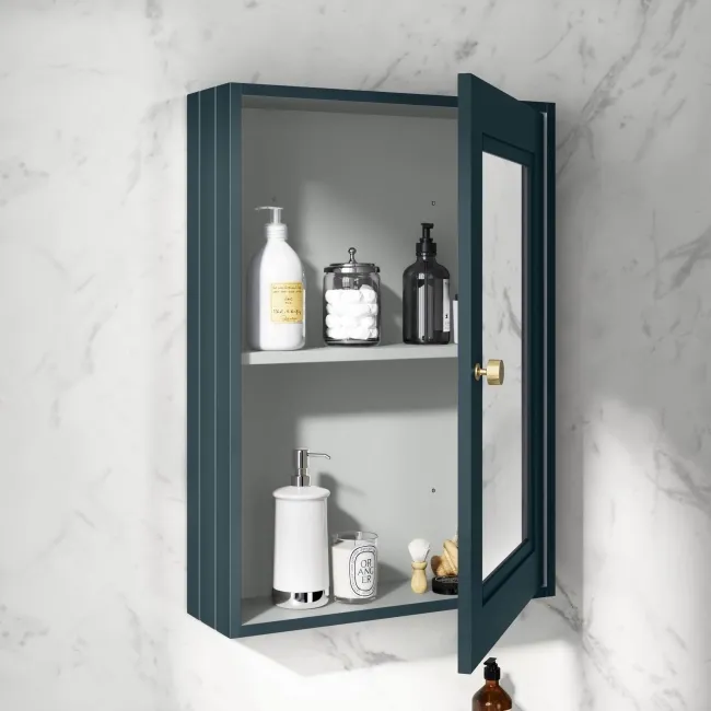 Inky Blue Mirror Cabinet 700x500mm - Brushed Brass Accents