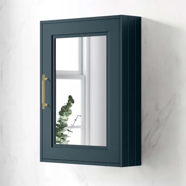 Inky Blue Mirror Cabinet 700x500mm - Brass Knurled Handles