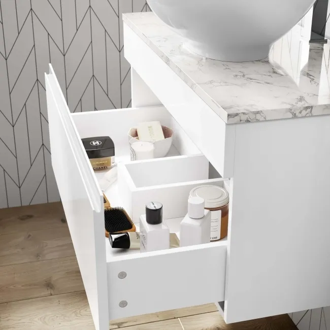 Trent Gloss White Wall Hung Drawer Vanity with Marble Top & Oval Counter Top Basin 800mm