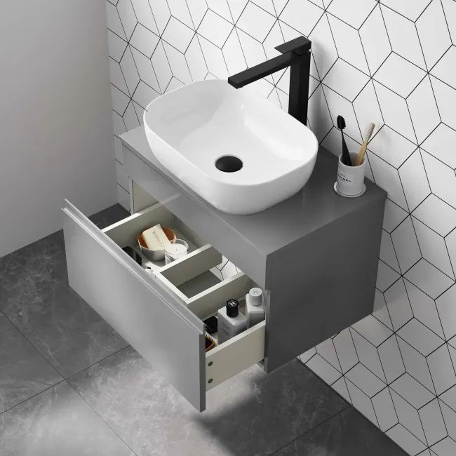 Trent Stone Grey Wall Hung Drawer Vanity with Curved Counter Top Basin 600mm