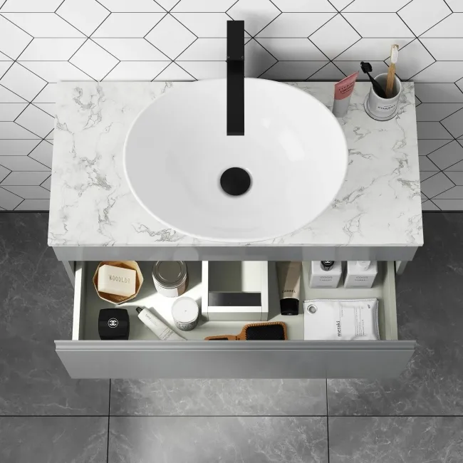 Trent Stone Grey Wall Hung Drawer Vanity with Marble Top & Oval Counter Top Basin 800mm