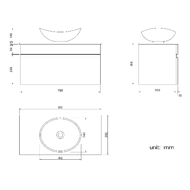 Trent Stone Grey Wall Hung Drawer Vanity with Marble Top & Oval Counter Top Basin 800mm