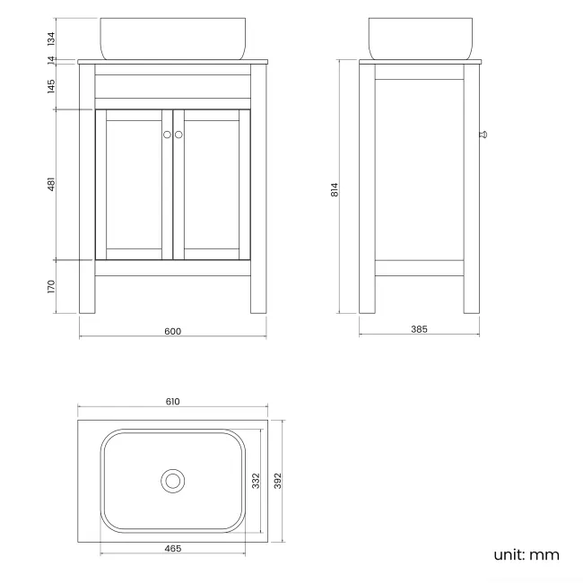 Bermuda Dove Grey Vanity with Marble Top & Curved Counter Top Basin 600mm