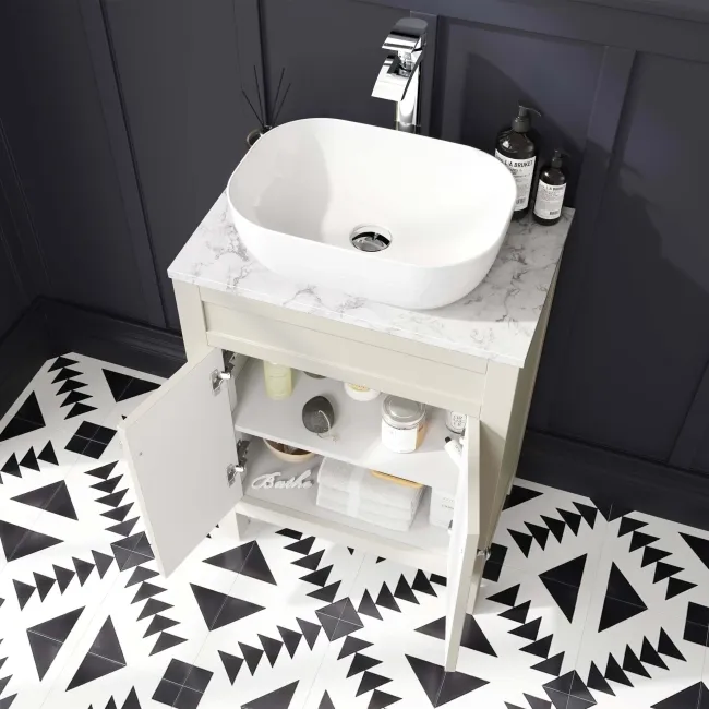 Bermuda Chalk White Vanity with Marble Top & Curved Counter Top Basin 600mm