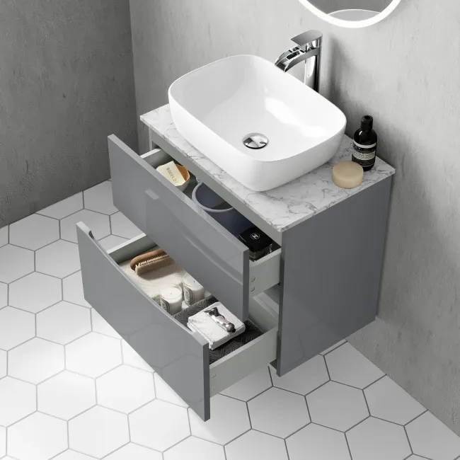 Austin Stone Grey Wall Hung Drawer Vanity with Marble Top & Curved Counter Top Basin 600mm