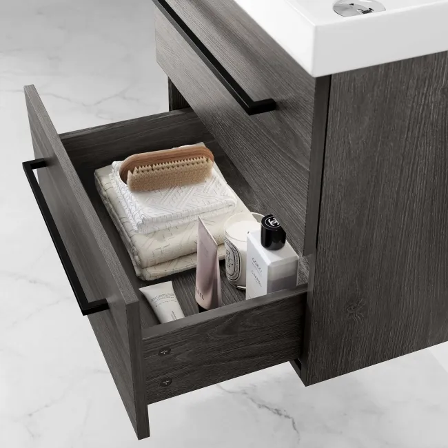 Elba Charcoal Elm Wall Hung Basin Drawer Vanity 500mm - Black Accents