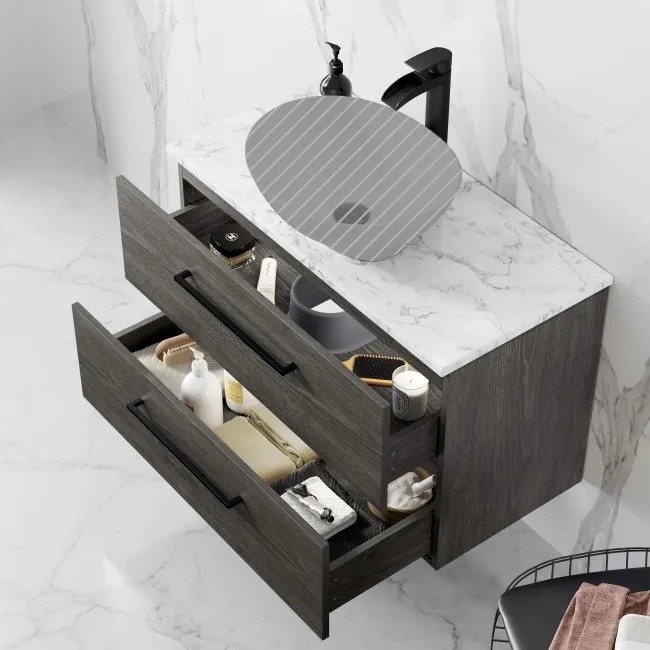 Elba Charcoal Elm Wall Hung Drawer 800mm Excludes Counter Top Basin - Black Accents