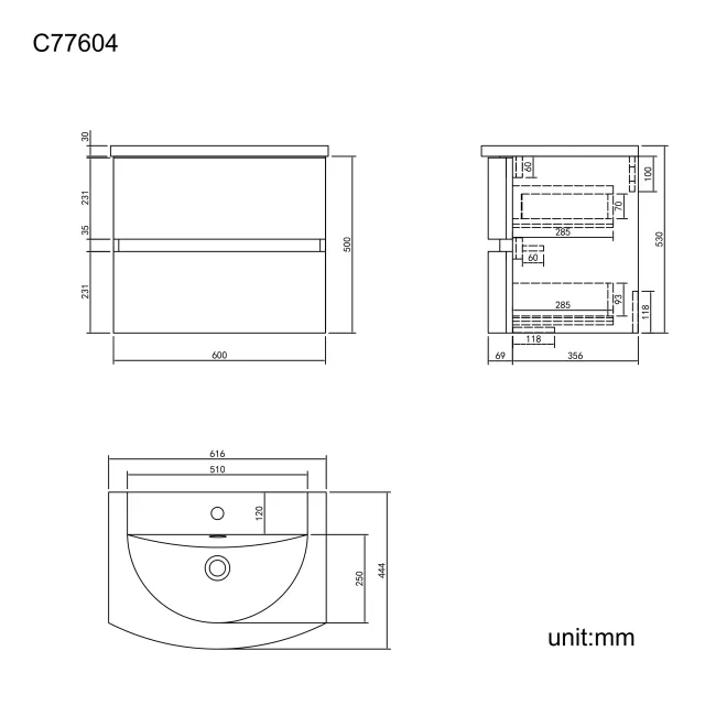 Bali Gloss White Wall Hung Basin Drawer Vanity 600mm
