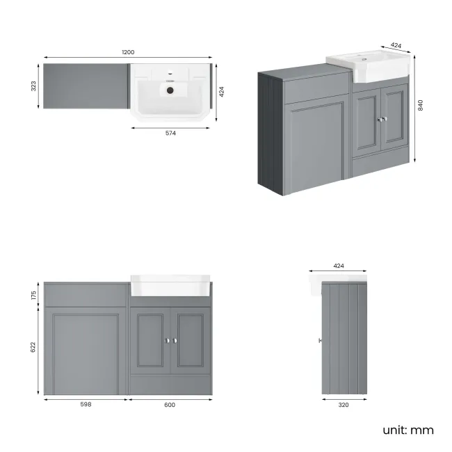 Monaco Dove Grey Traditional Basin Vanity and Back To Wall Unit 1200mm (Excludes Pan & Cistern)