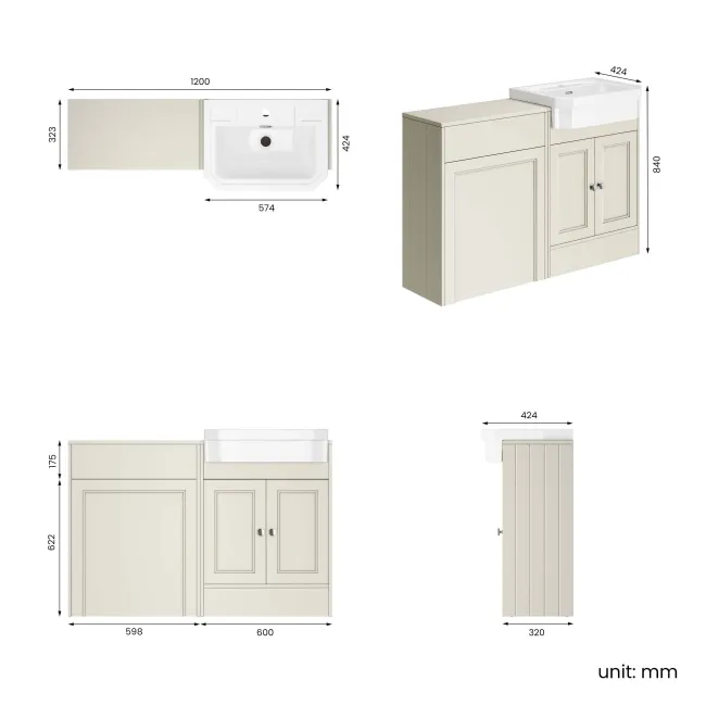 Monaco Chalk White Traditional Basin Vanity and Back To Wall Unit 1200mm (Excludes Pan & Cistern)