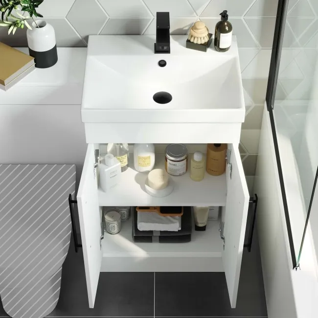 Avon Gloss White Basin Vanity and Back To Wall Unit 1000mm - Black Accents