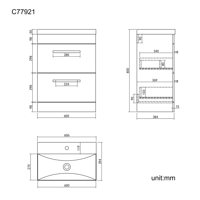 Avon Stone Grey Basin Drawer Vanity 600mm - Black Accents