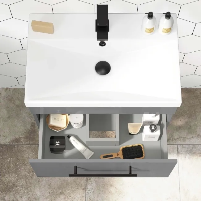 Avon Stone Grey Wall Hung Basin Drawer Vanity 600mm - Black Accents
