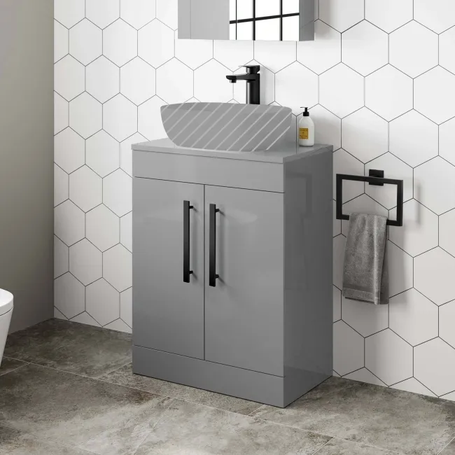 Avon Stone Grey Counter Top Vanity 600mm - Black Accents