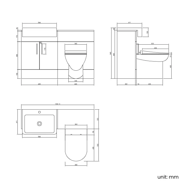 Harper Gloss White Combination Vanity Basin and Aruba Toilet 1200mm - Black Accents