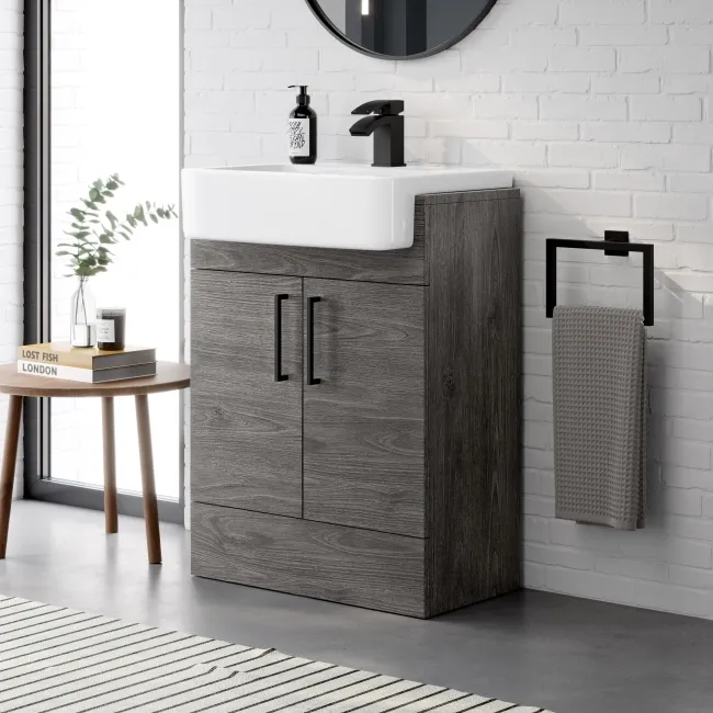 Harper Charcoal Elm Basin Vanity and Back To Wall Toilet Unit 1200mm - Black Accents