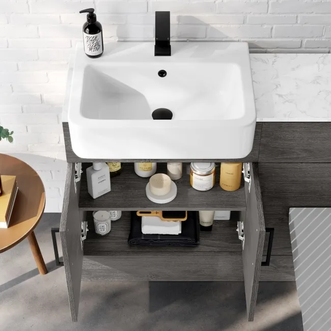 Harper Charcoal Elm Basin Vanity with Marble Top & Back To Wall Unit 1200mm - Black Accents