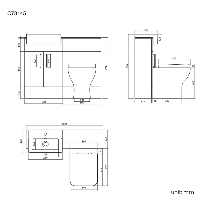 Harper Stone Grey Combination Vanity Basin with Marble Top & Atlanta Toilet 1000mm - Black Accents