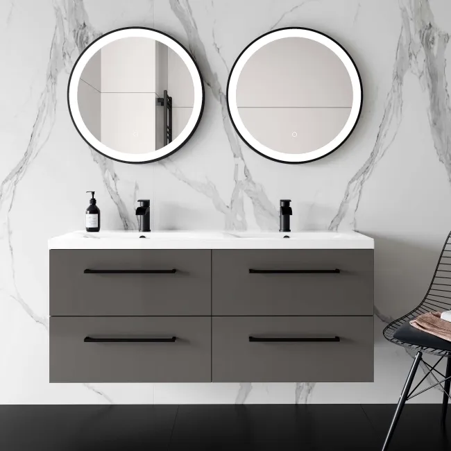 Elba Graphite Grey Wall Hung Double Basin Drawer Vanity 1200mm - Black Accents