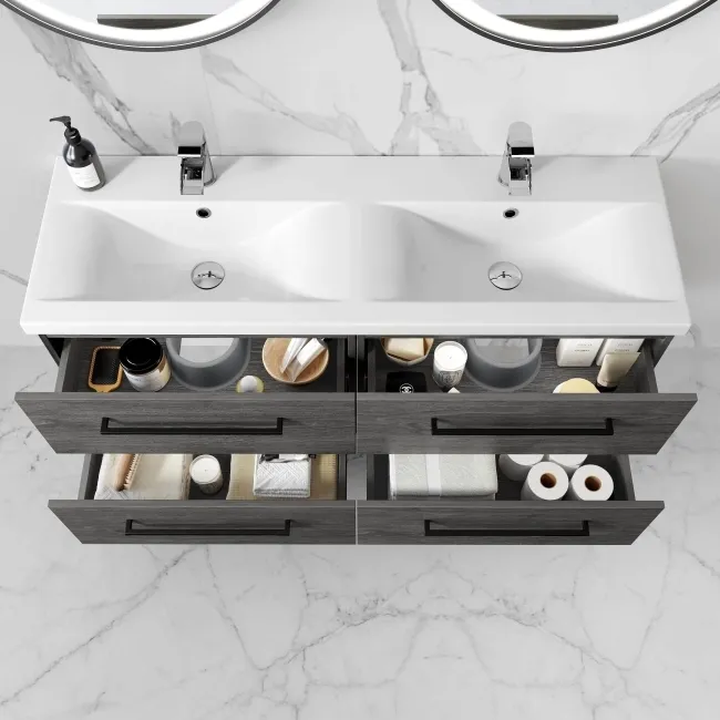 Elba Charcoal Elm Wall Hung Double Basin Drawer Vanity 1200mm - Black Accents