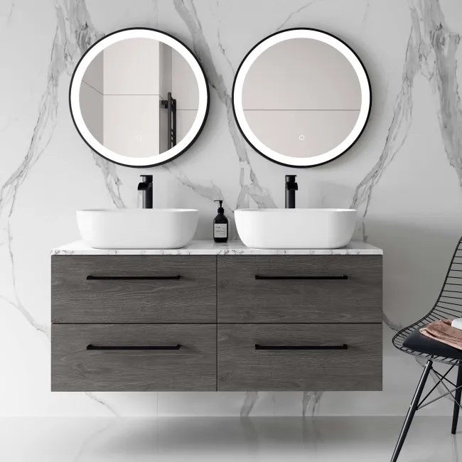Elba Charcoal Elm Double Wall Hung Drawer Vanity with Marble Top & Curved Counter Top Basin 1200mm - Black Accents