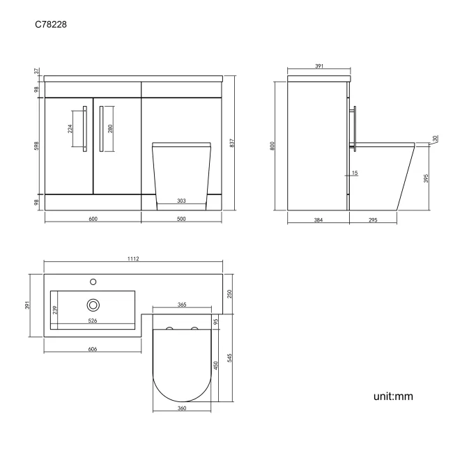 Avon Gloss White Combination Vanity Basin and Boston Toilet 1100mm - Black Accents - Left Handed
