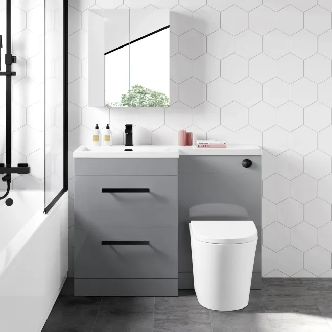 Avon Stone Grey Combination Basin Drawer and Boston Toilet 1100mm - Black Accents - Left Handed